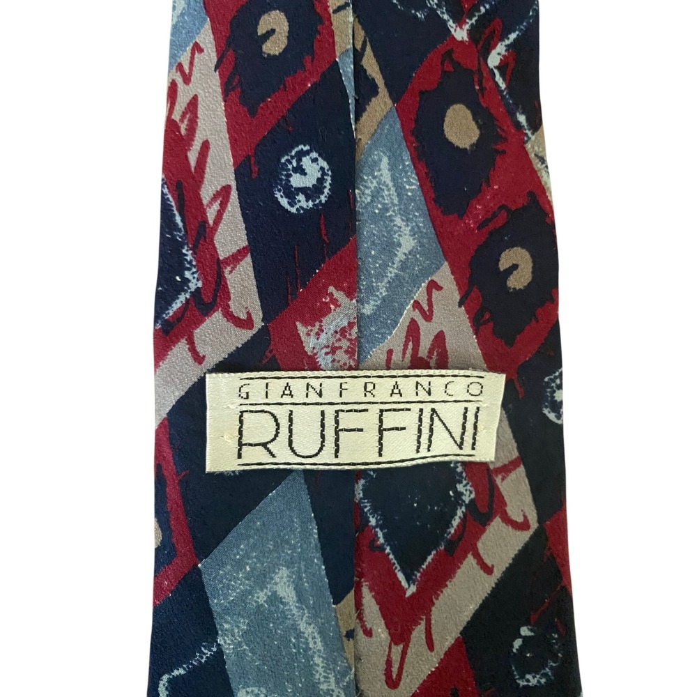 Gianfranco Ruffini Mens Silk Tie Geometric Abstract Navy Blue Red Made in USA